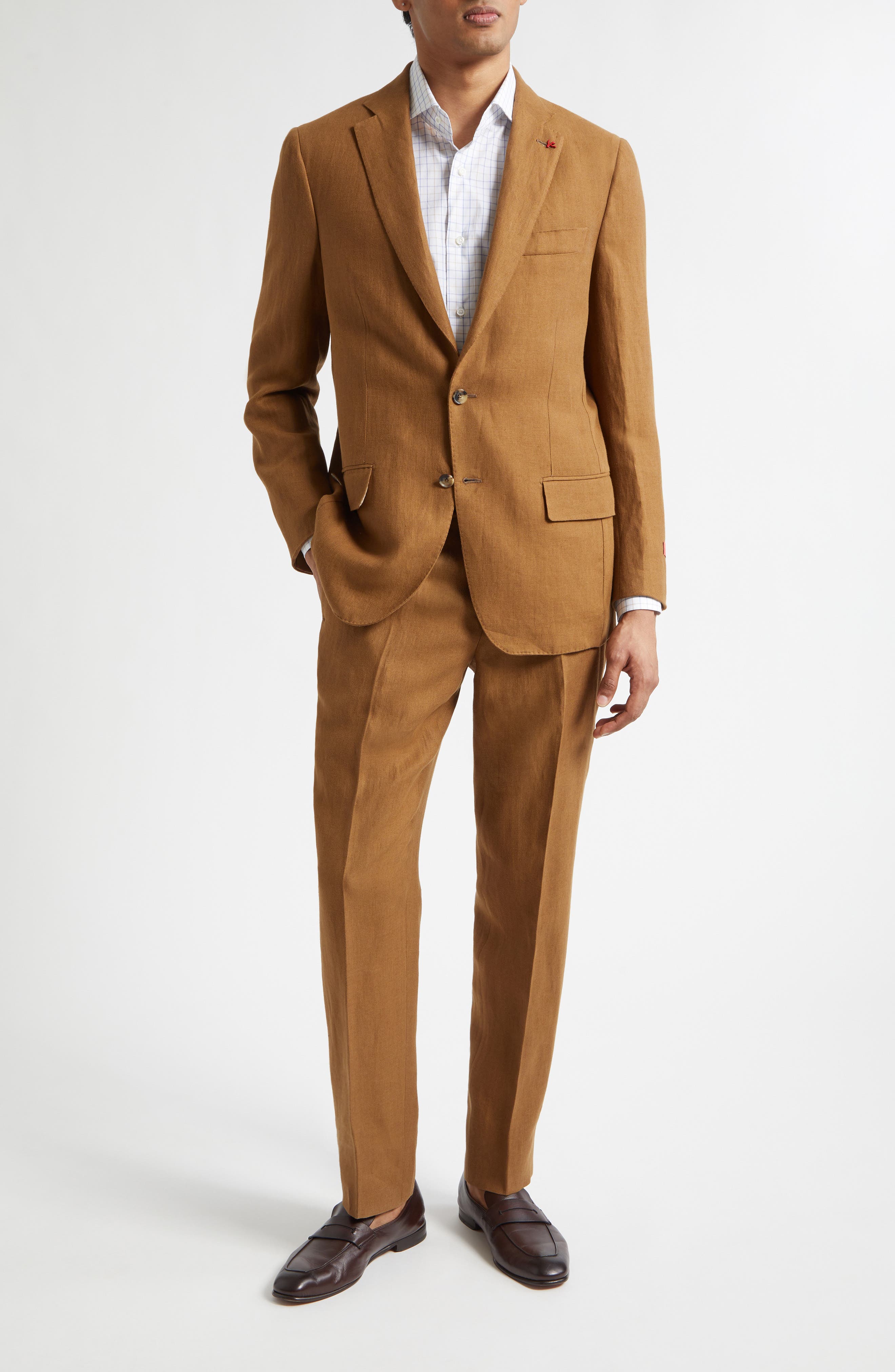 Isaia Unito Linen Twill Suit In Brown