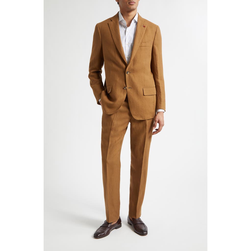 Isaia Unito Linen Twill Suit In Brown