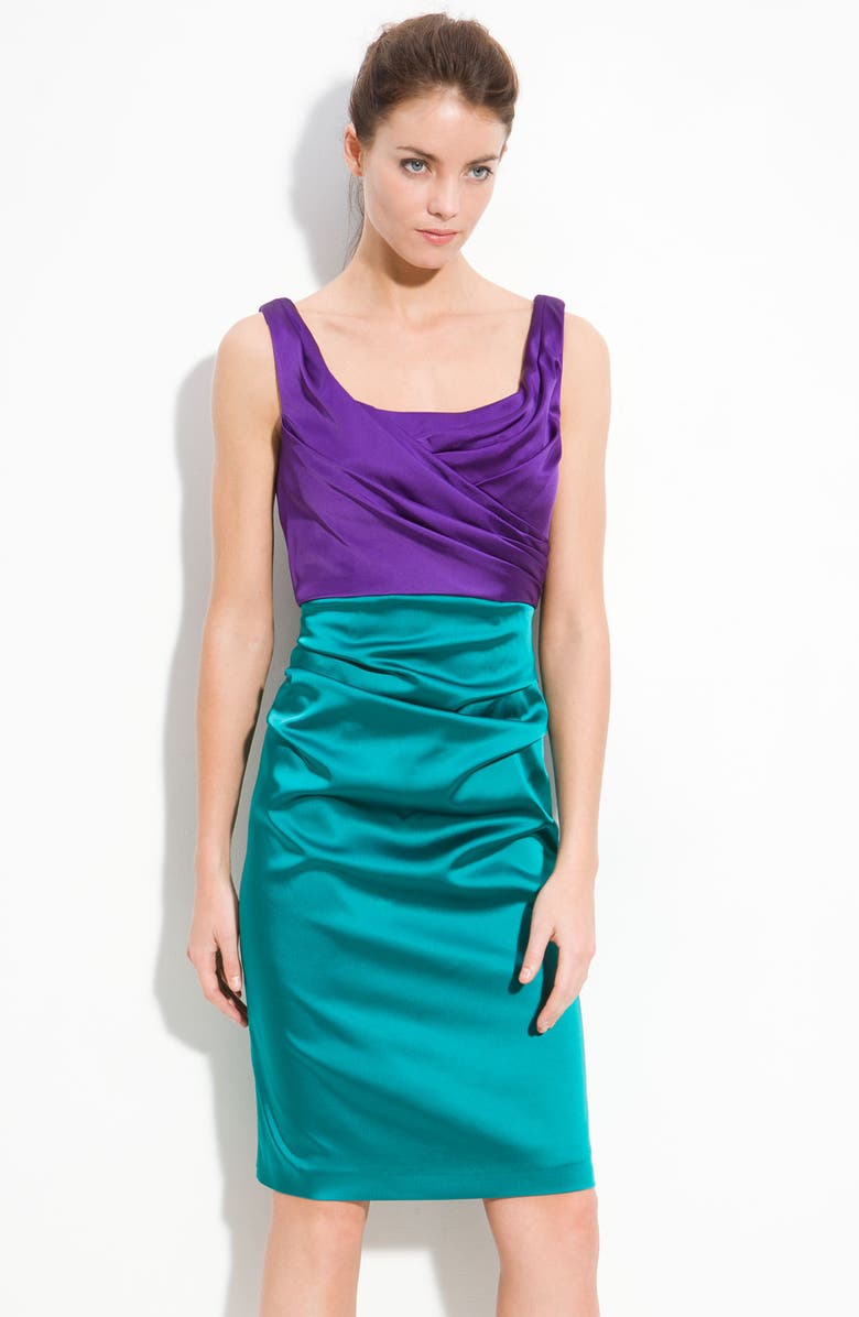 Suzi Chin for Maggy Boutique Draped Stretch Satin Sheath Dress, Main, color, 