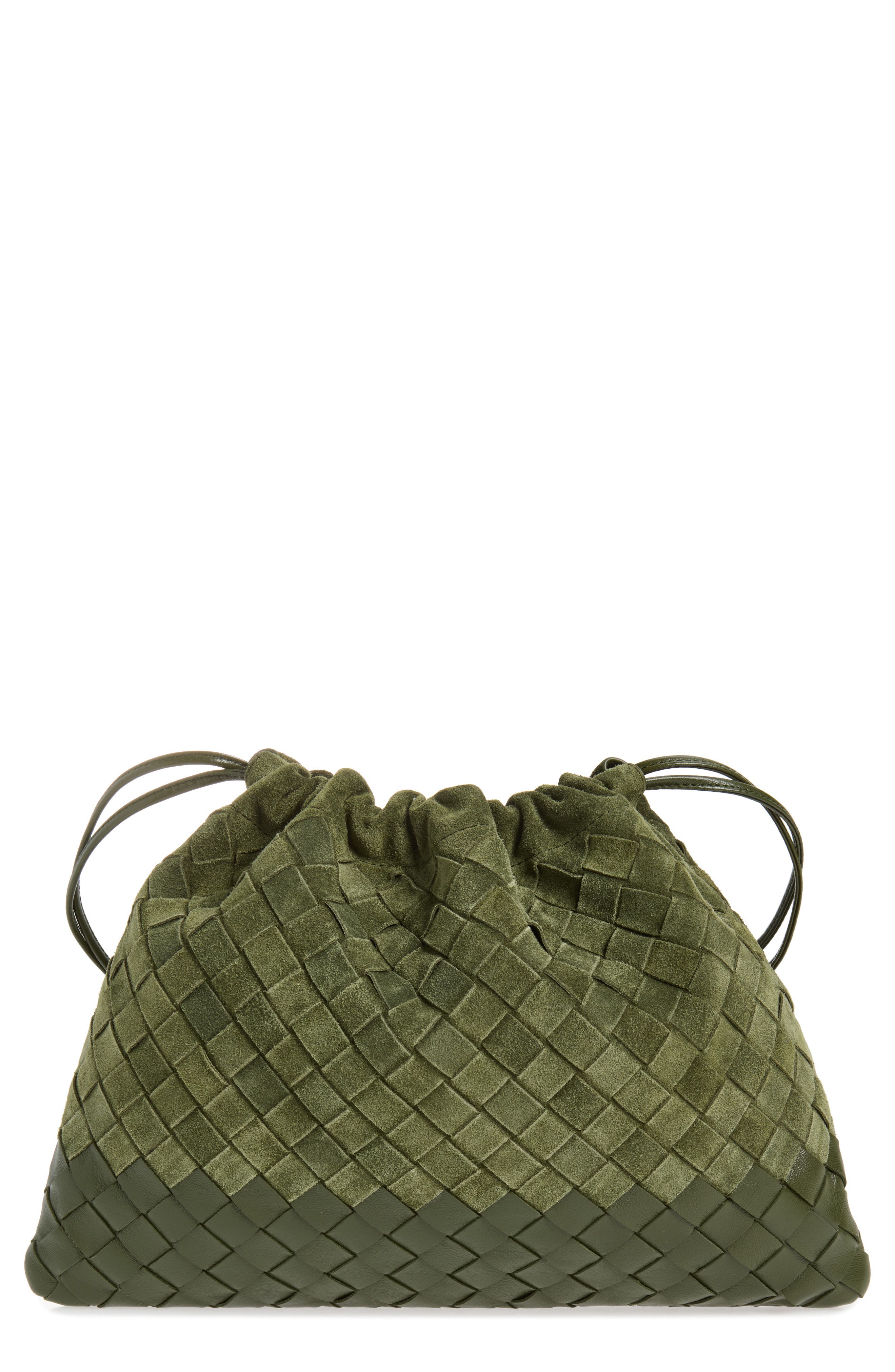 Medium Dustbag Intrecciato Suede & Leather Shoulder Bag, Main, color, 3785 GREEN TWEED-GOLD