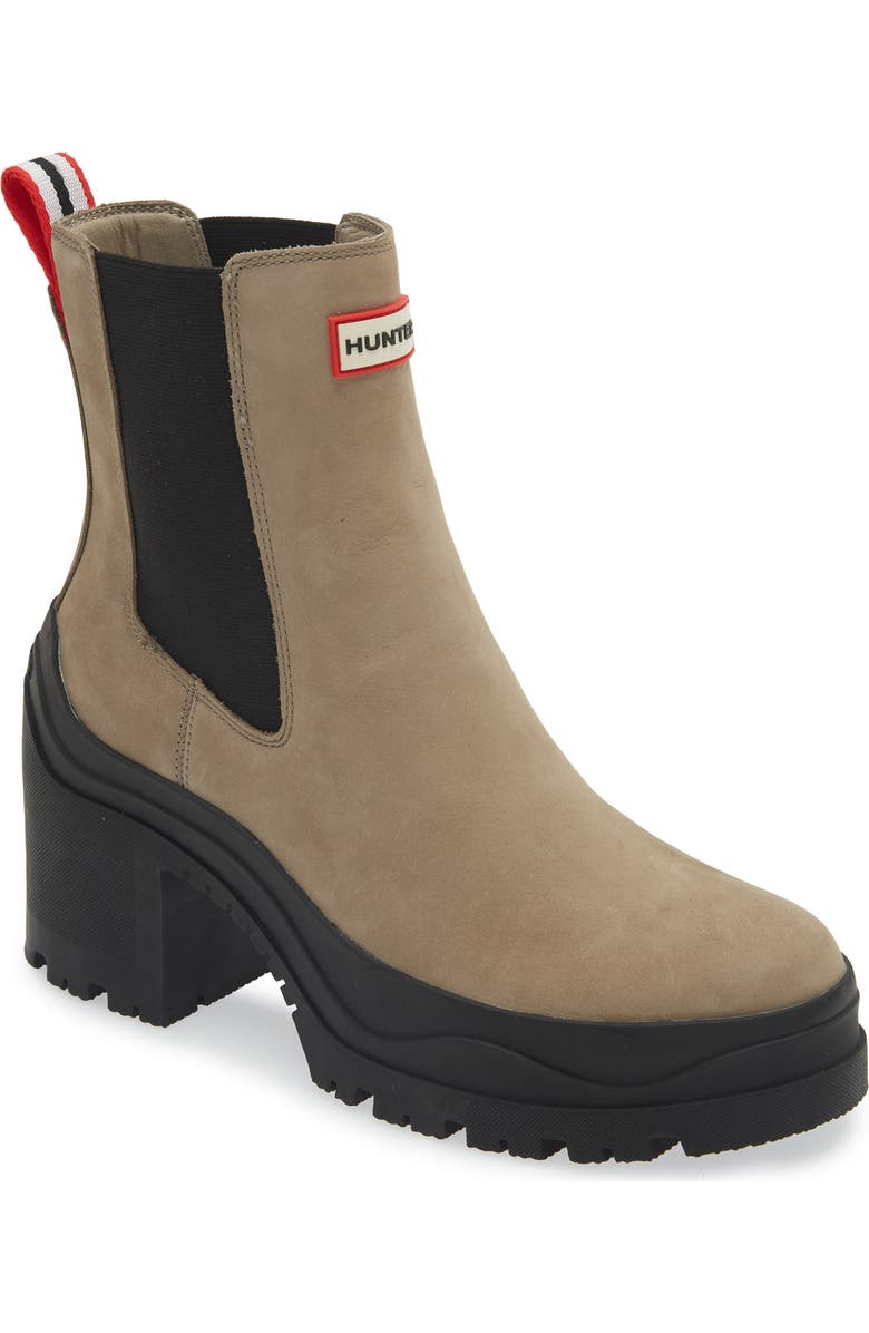 Hunter Miana Waterproof Block Heel Chelsea Boot, Main, color, Skimming Stone/ Black