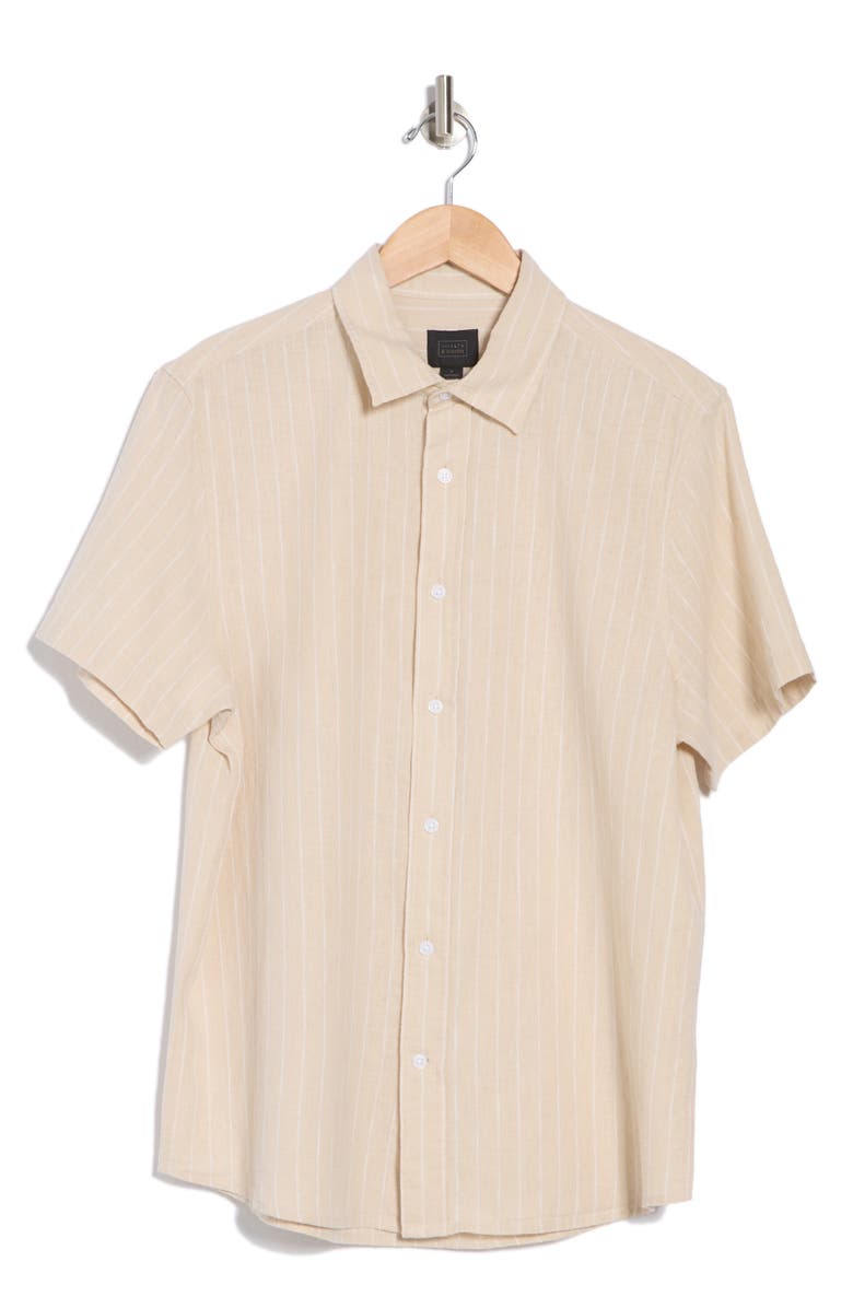 14th & Union Short Sleeve Yarn Dyed Stripe Linen & Cotton Button-Up Shirt, Alternate, color, Grey Moonbeam Union Stripe