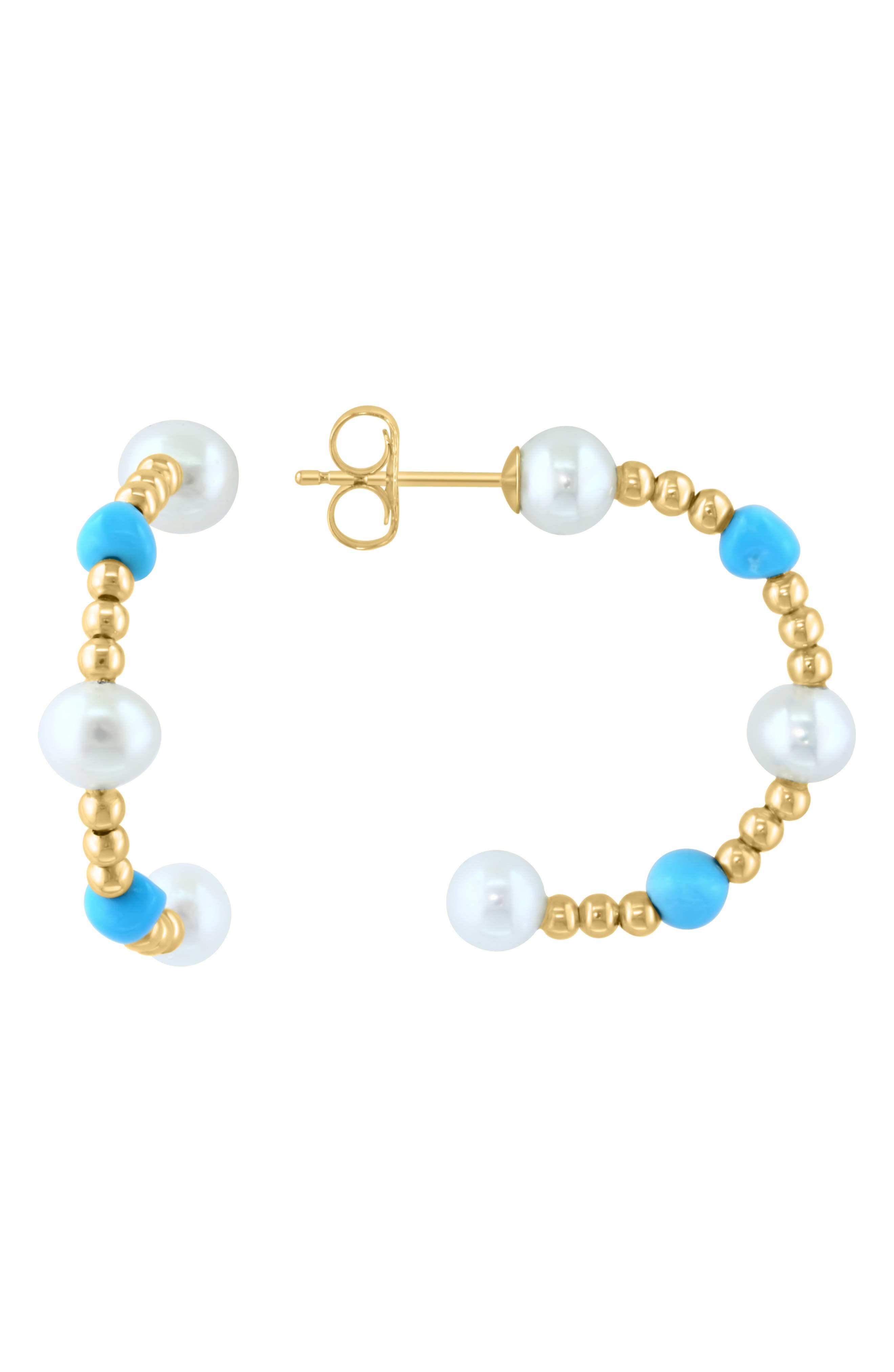 EFFY 14K Yellow Gold Freshwater Pearl & Turquoise Beaded Hoop Earrings