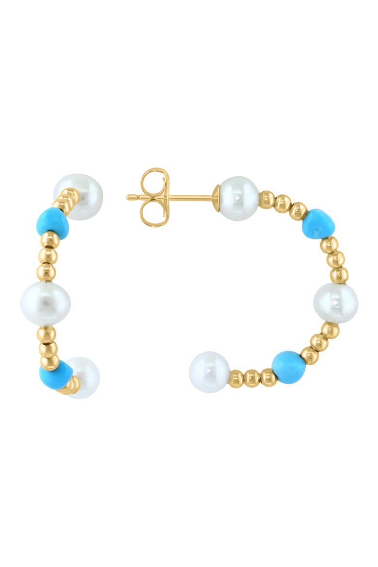 14K Yellow Gold Freshwater Pearl & Turquoise Beaded Hoop Earrings, Main, color, BLUE