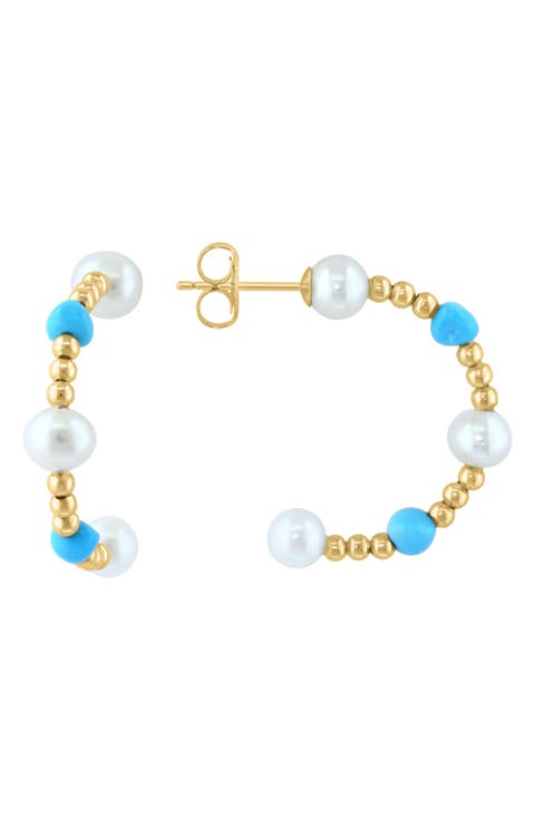 14K Yellow Gold Freshwater Pearl & Turquoise Beaded Hoop Earrings