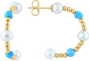 EFFY 14K Yellow Gold Freshwater Pearl & Turquoise Beaded Hoop Earrings