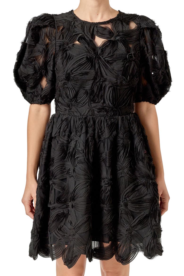 Flower Detail Puff Sleeve Dress, Alternate, color, BLACK