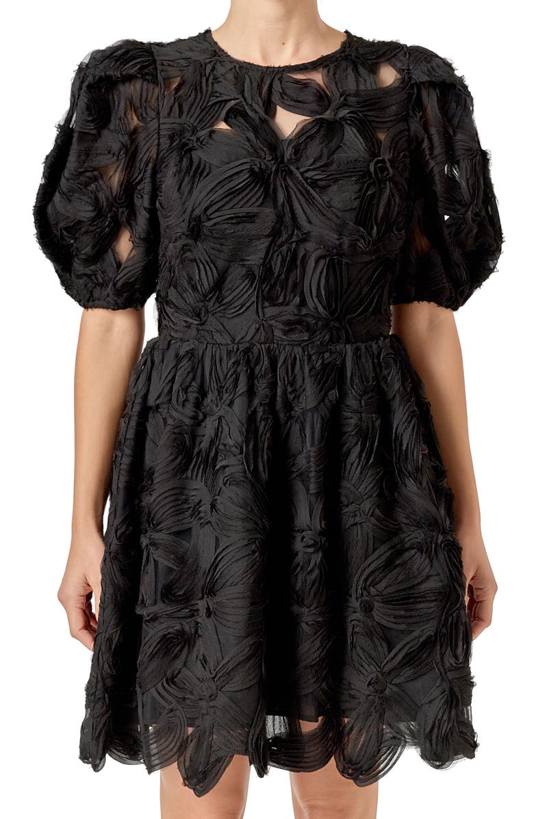 English Factory Flower Detail Puff Sleeve Dress, Alternate, color, Black
