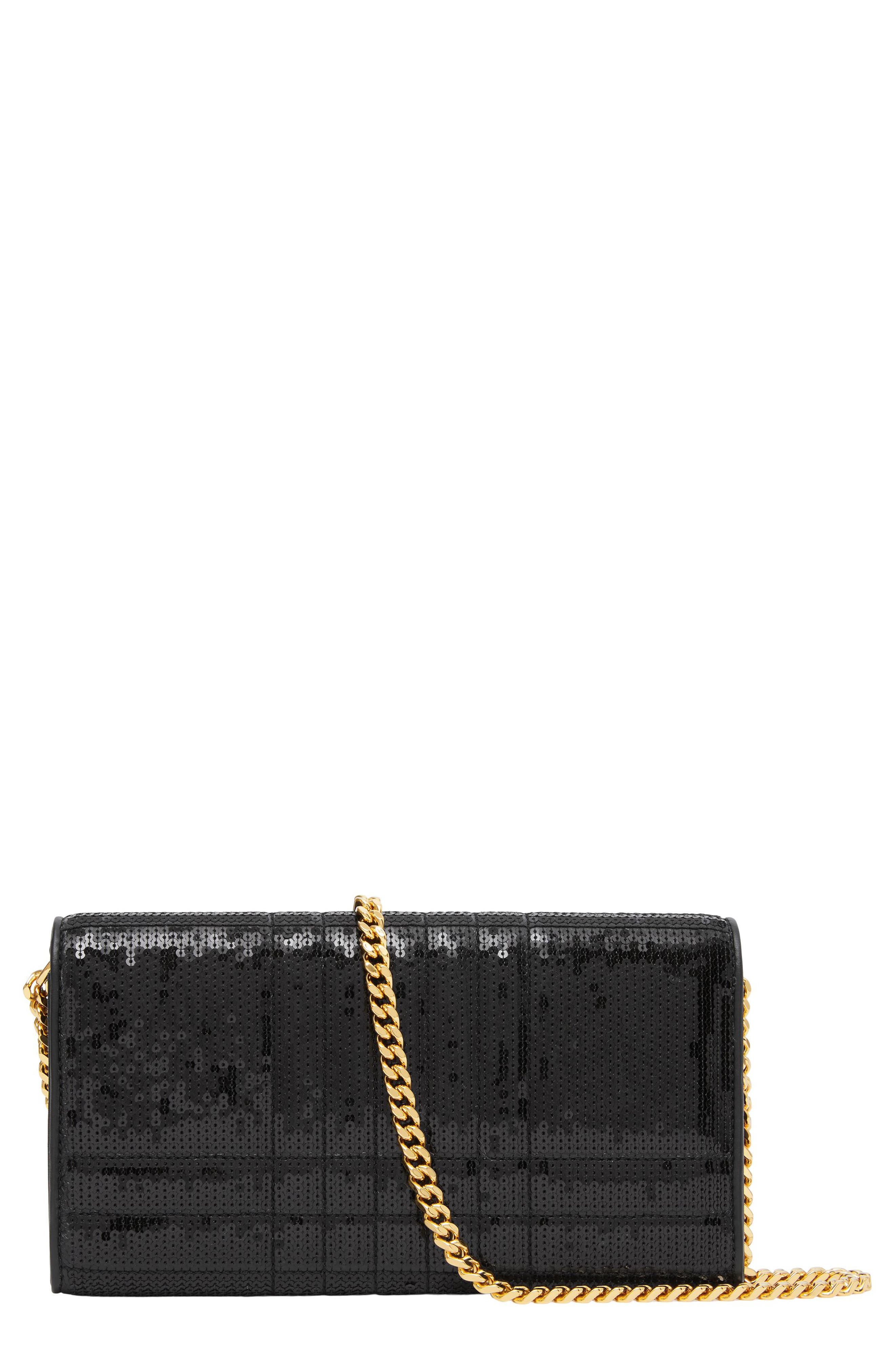 Lola Quilted Sequined Leather Wallet on a Chain, Alternate, color, BLACK