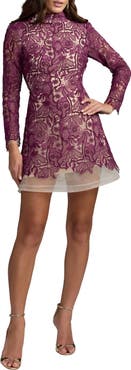 Mac Duggal Floral Embroidered Long Sleeve Mini Dress