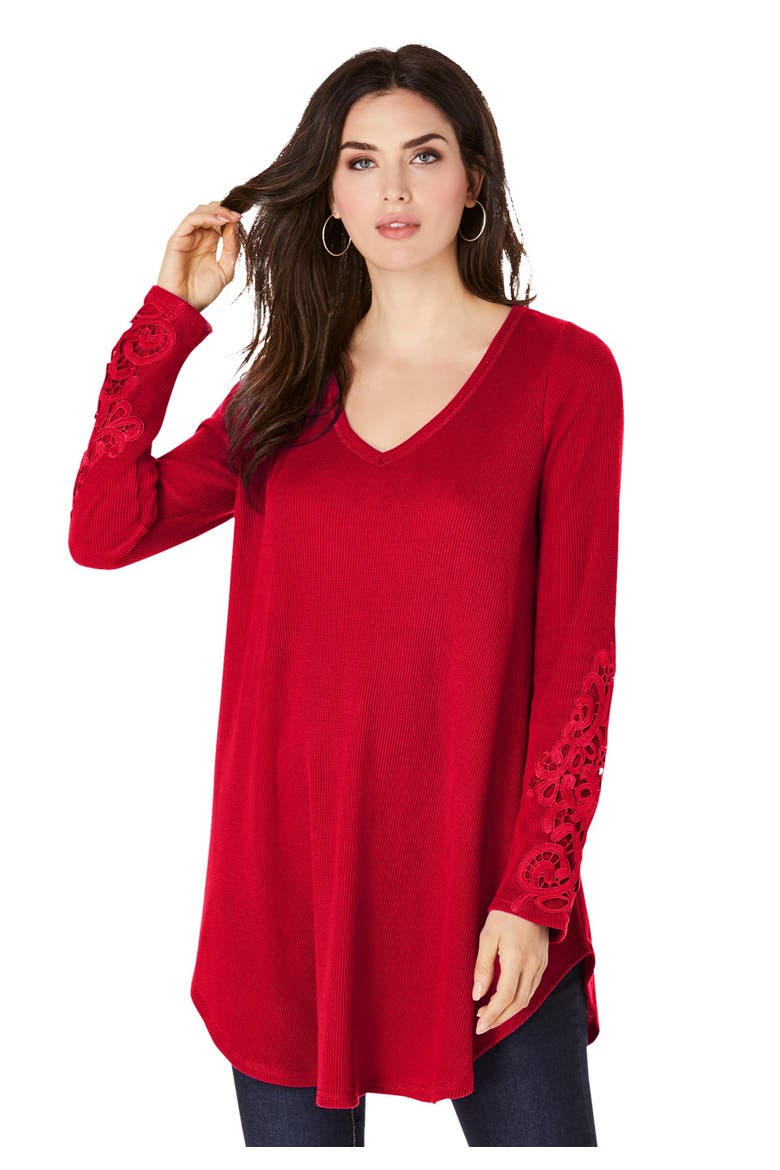 Plus Size Knit Thermal Lace Trim Tunic Long Sleeve, Main, color, VIVID RED