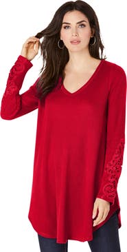Roaman's Plus Size Knit Thermal Lace Trim Tunic Long Sleeve