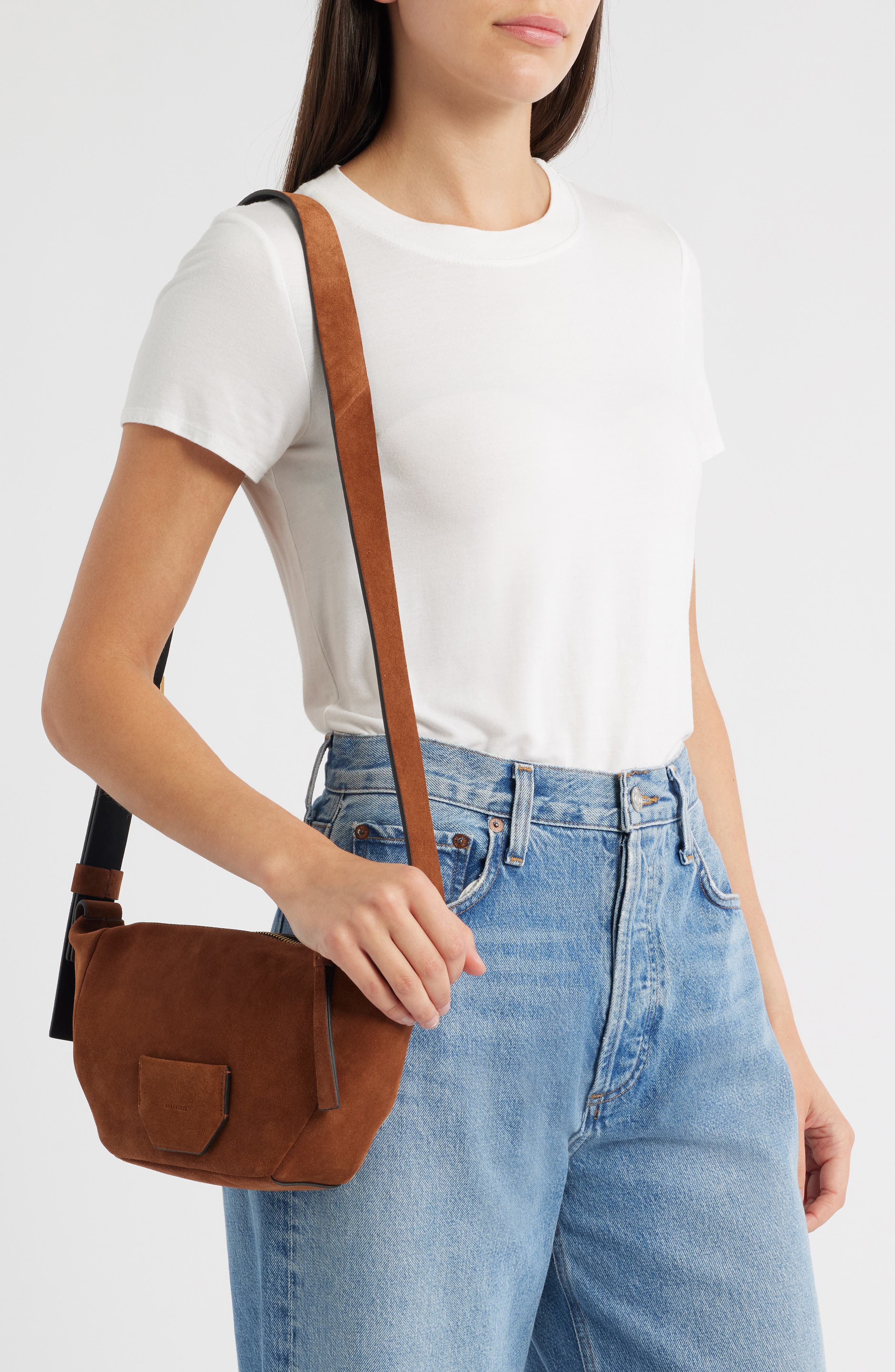 AllSaints Madea Suede Shoulder Bag, Alternate, color, Cognac Brown