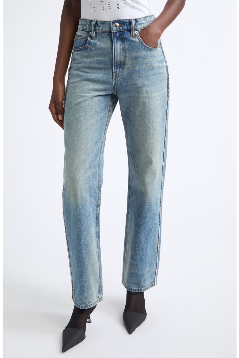 EZ Embellished Chain Straight Leg Jeans, Main, color, TINTED MEDIUM INDIGO