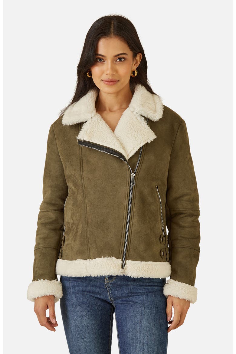Faux Suede Shearling Biker Jacket, Main, color, Green