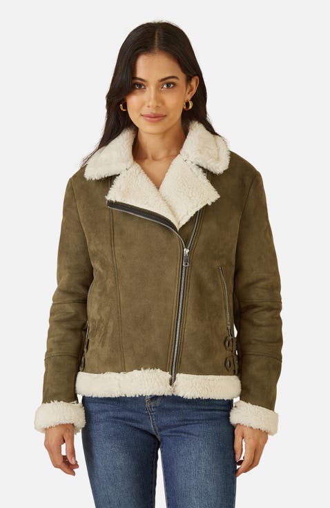 Faux Suede Shearling Biker Jacket