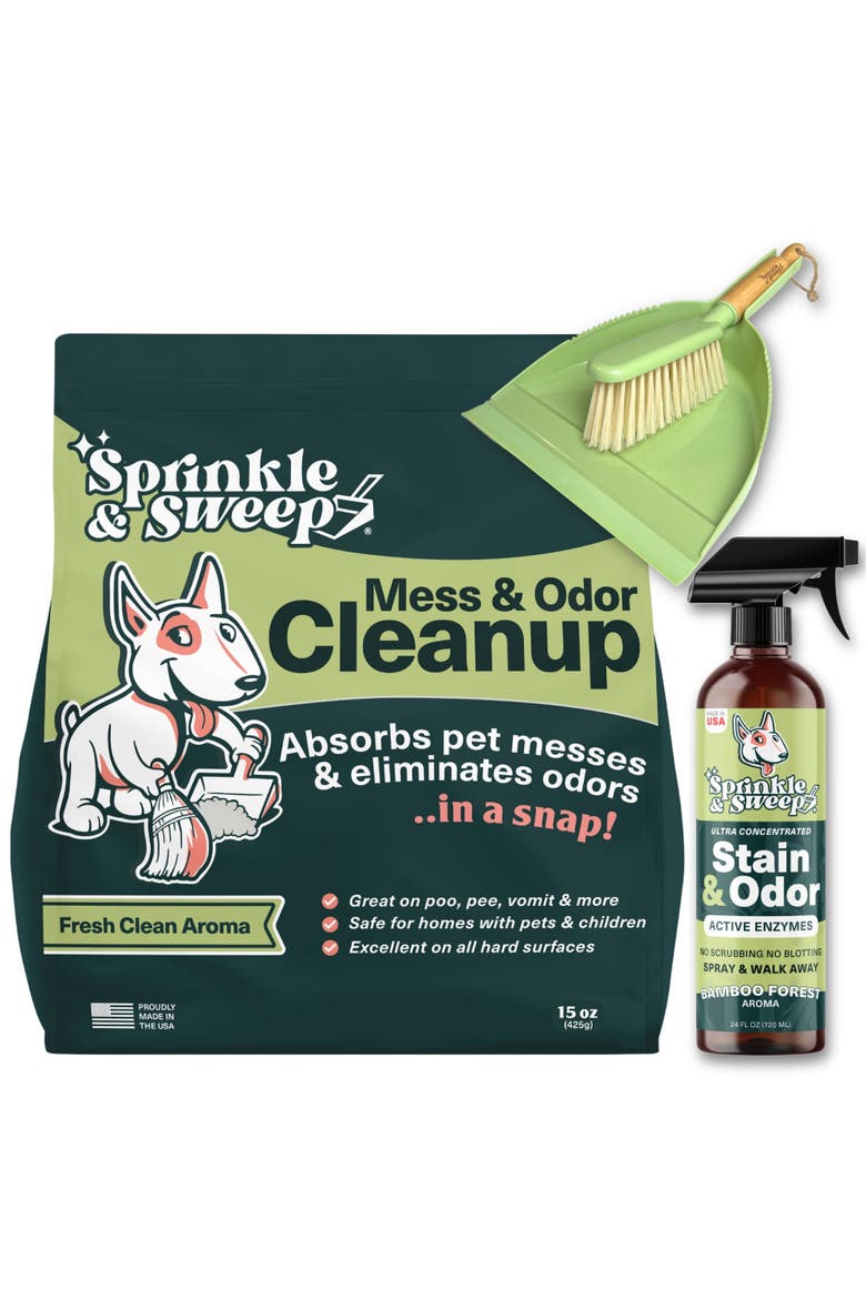 Pet Mess and Odor Cleanup Bundle, 15oz Bag, Broom, 24oz Spray, Main, color, Multicolored