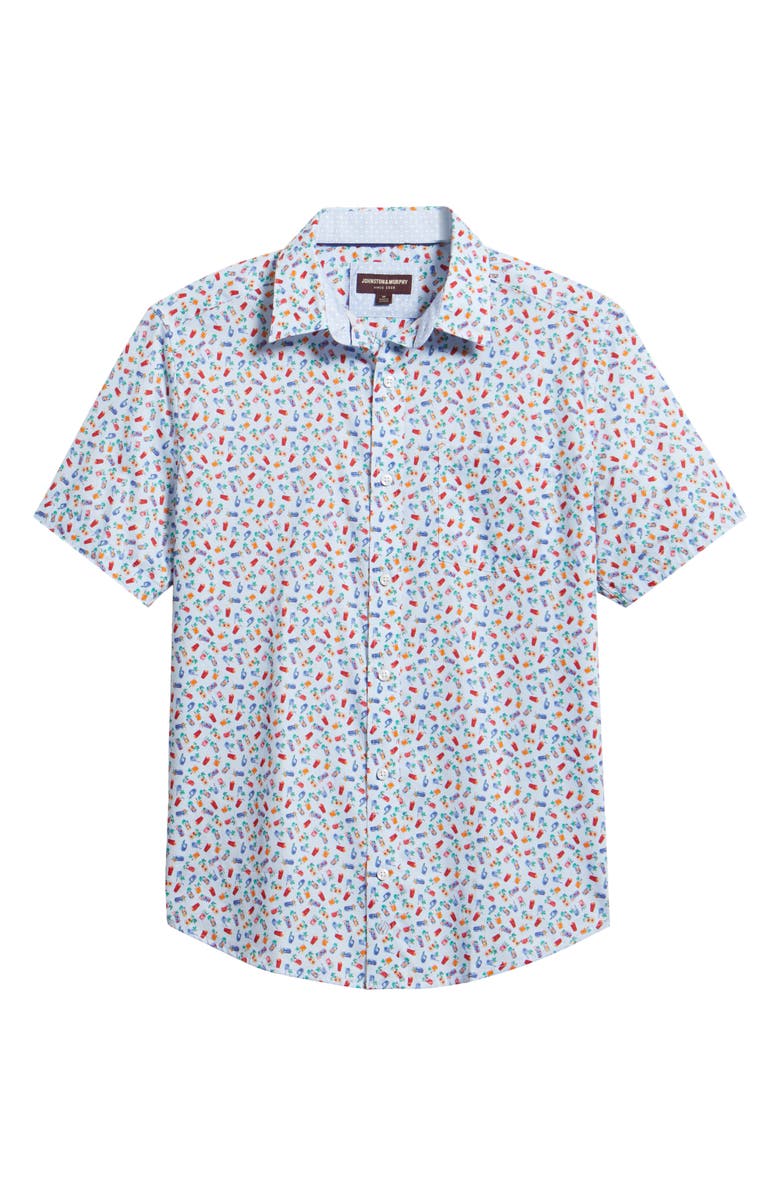 Johnston & Murphy Logan Cocktail Print Short Sleeve Cotton Blend Button-Up Shir, Main, color, Blue Multi Happy Hour