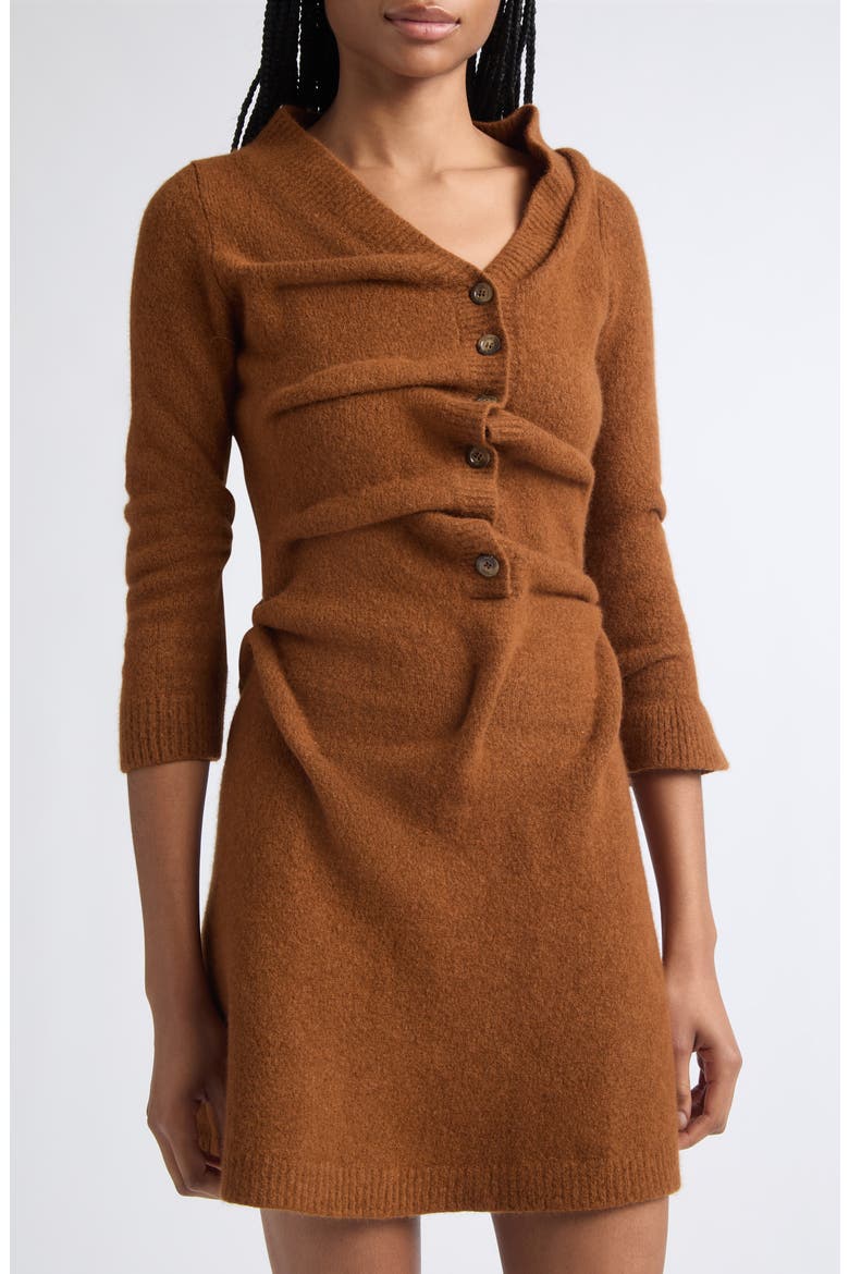 M-Anita Asymmetric Button Ribbed Wool Blend Dress, Alternate, color, BROWN