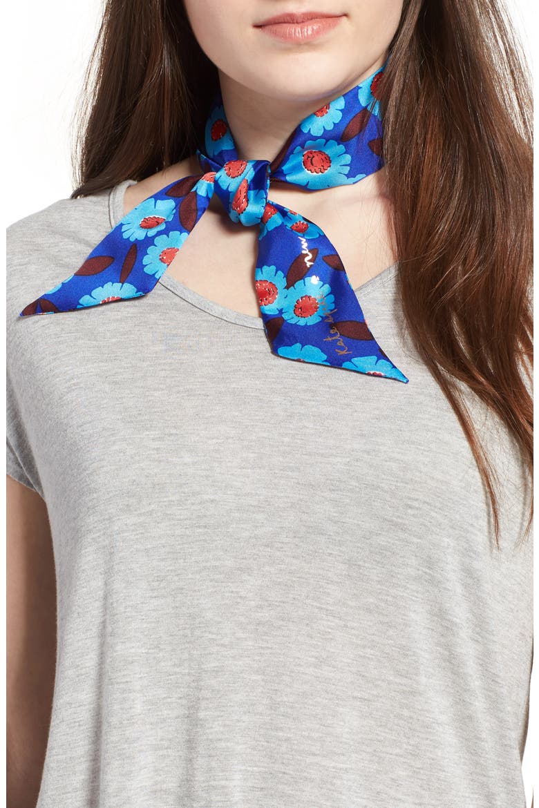 tangier floral silk skinny scarf, Main, color, COBALT BLUE