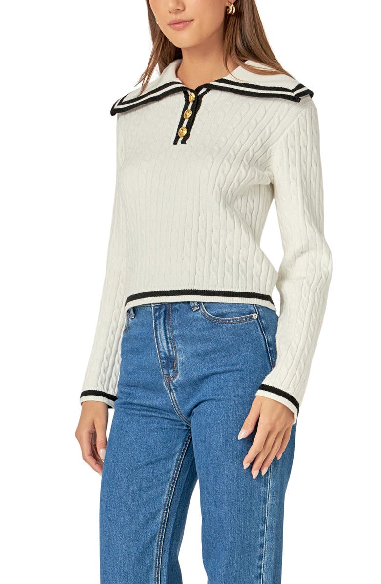 English Factory Sailor Stripe Cable Sweater, Alternate, color, Off White