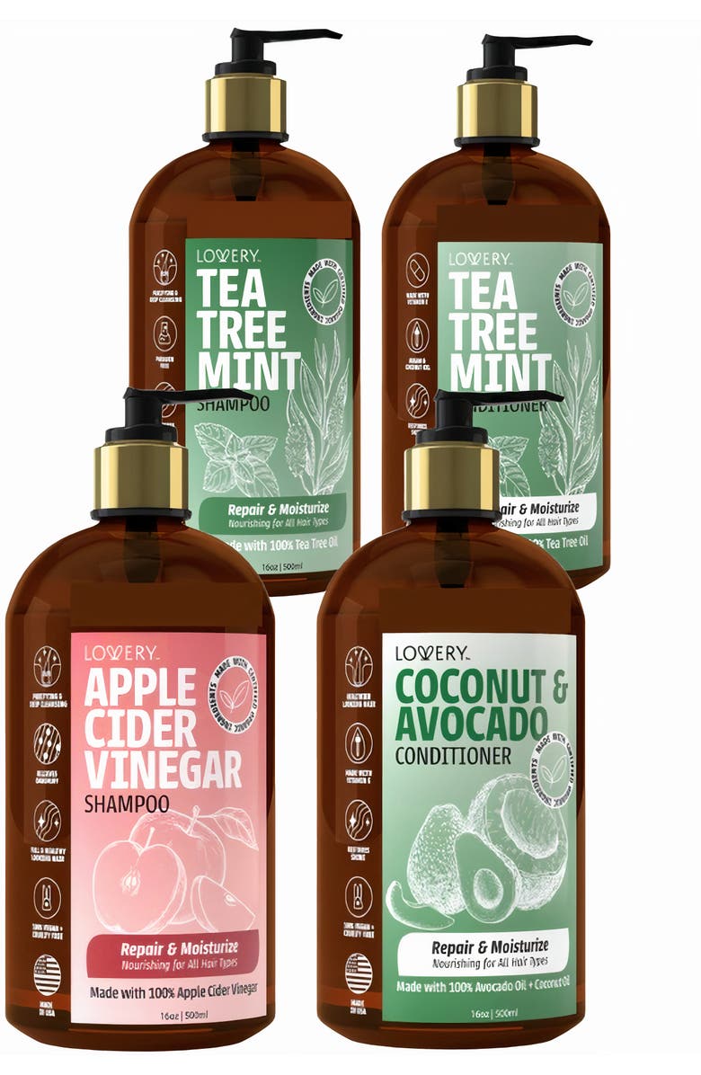 Lovery 4-Piece Shampoo & Conditioner Set with Tea Tree Mint & Apple Cider Vinegar & Avocado, Main, color, NO COLOR