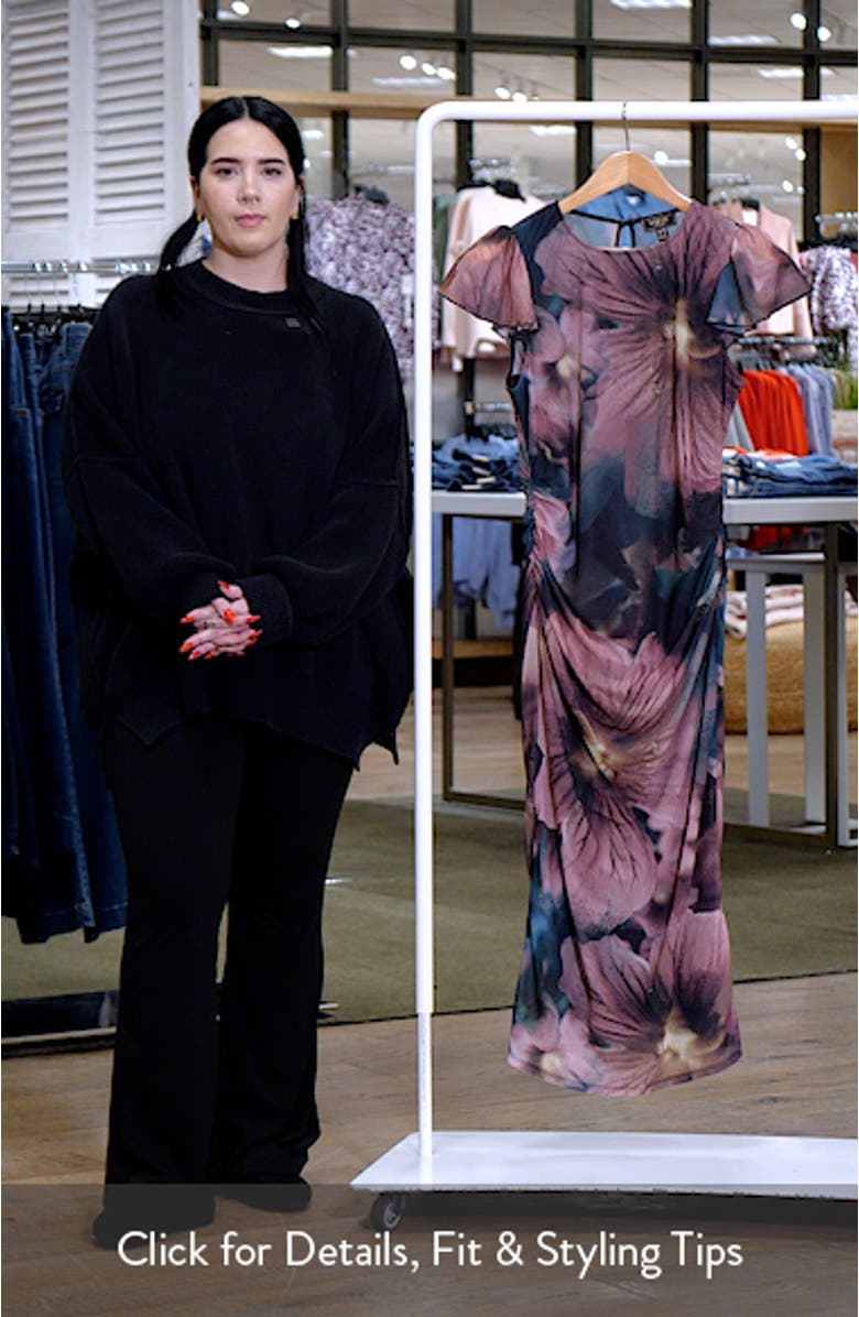 Printed Ruched Mesh Body-Con Midi Dress, sales video thumbnail