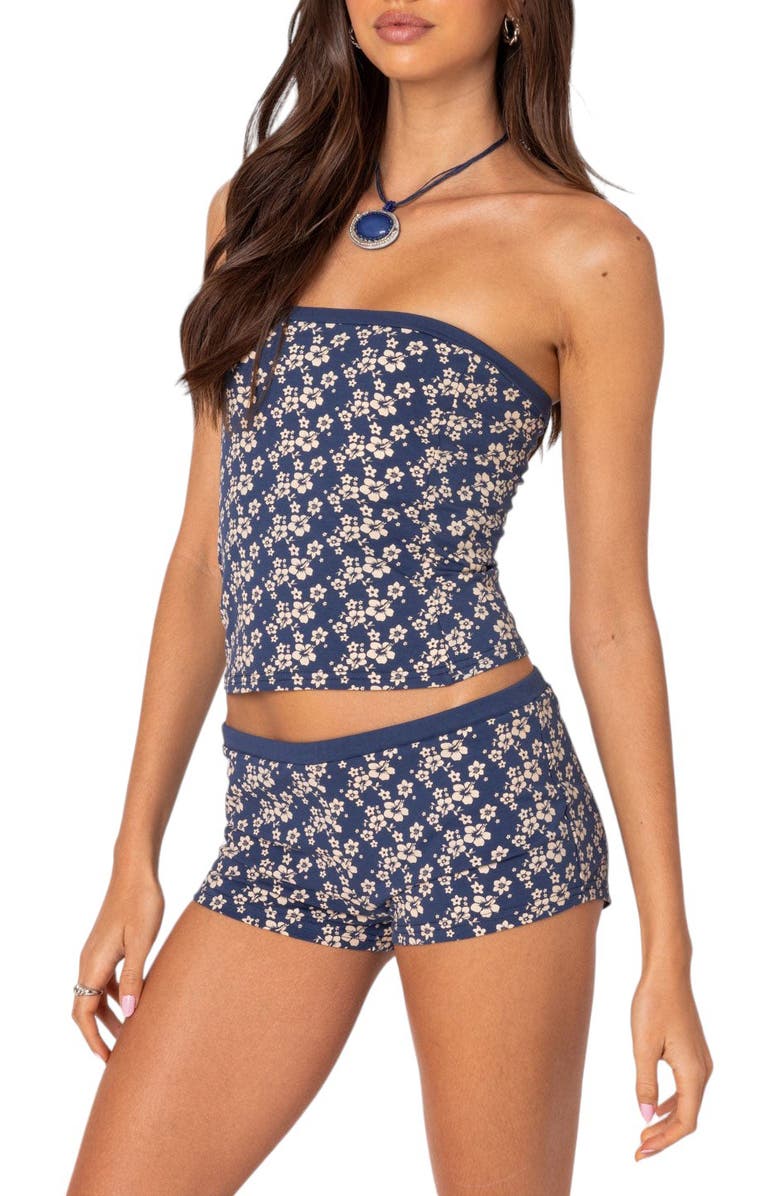 EDIKTED Flower Power Stretch Cotton Tube Top, Alternate, color, Blue