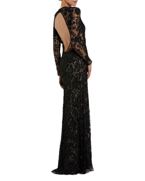 Mac Duggal Long Sleeve Floral Embellished Gown In Black Nude