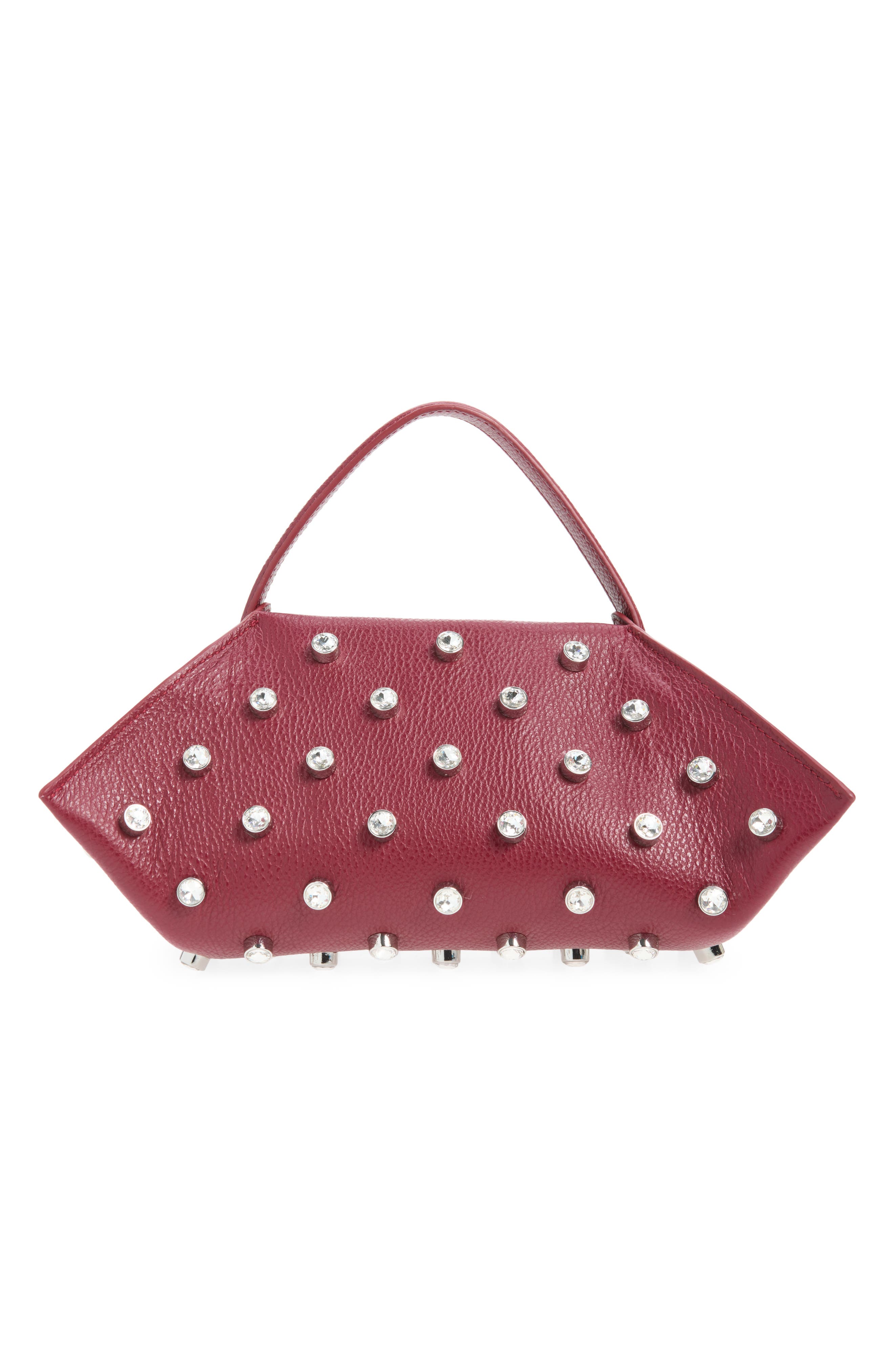 Origami Embellished Leather Baguette Bag, Alternate, color, GRENACHE / CRYSTAL