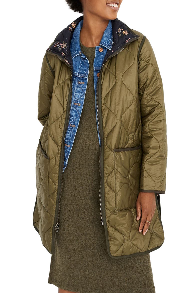 Forest Floral Reversible Quilted Liner Jacket, Main, color, VINTAGE MOSS