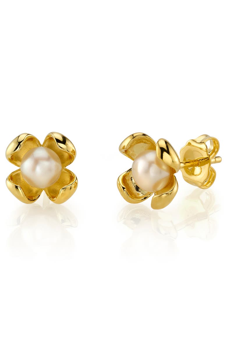 White Freshwater Pearl Flower Paris Stud Earrings, Main, color, Yellow Gold Fill