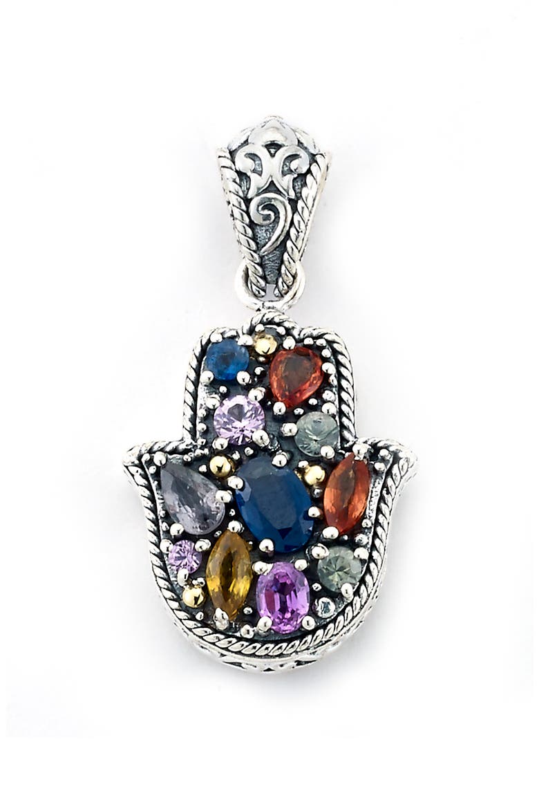 Sterling Silver & 18K Gold Multicolor Sapphire Hamsa Pendant, Main, color, SILVER MULTI