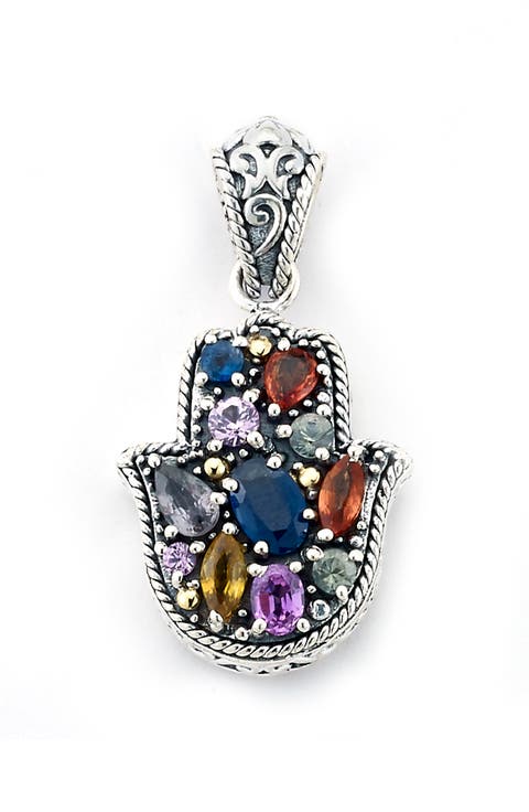 Sterling Silver & 18K Gold Multicolor Sapphire Hamsa Pendant