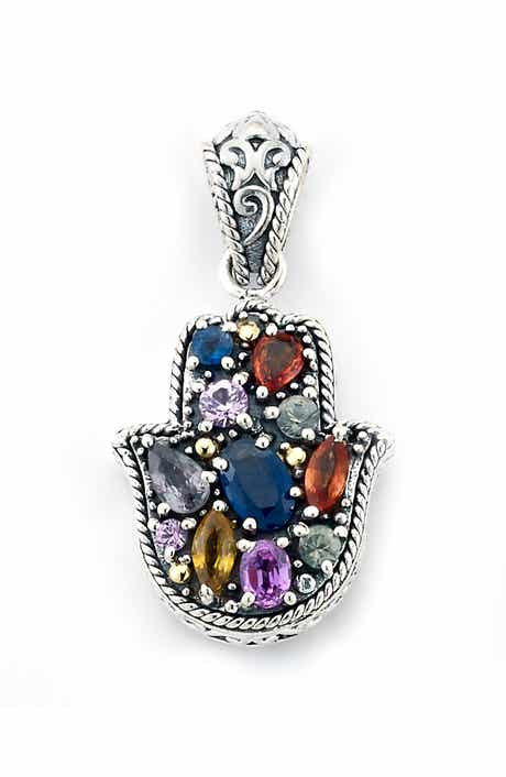 SAMUEL B. Sterling Silver & 18K Gold Multicolor Sapphire Hamsa Pendant