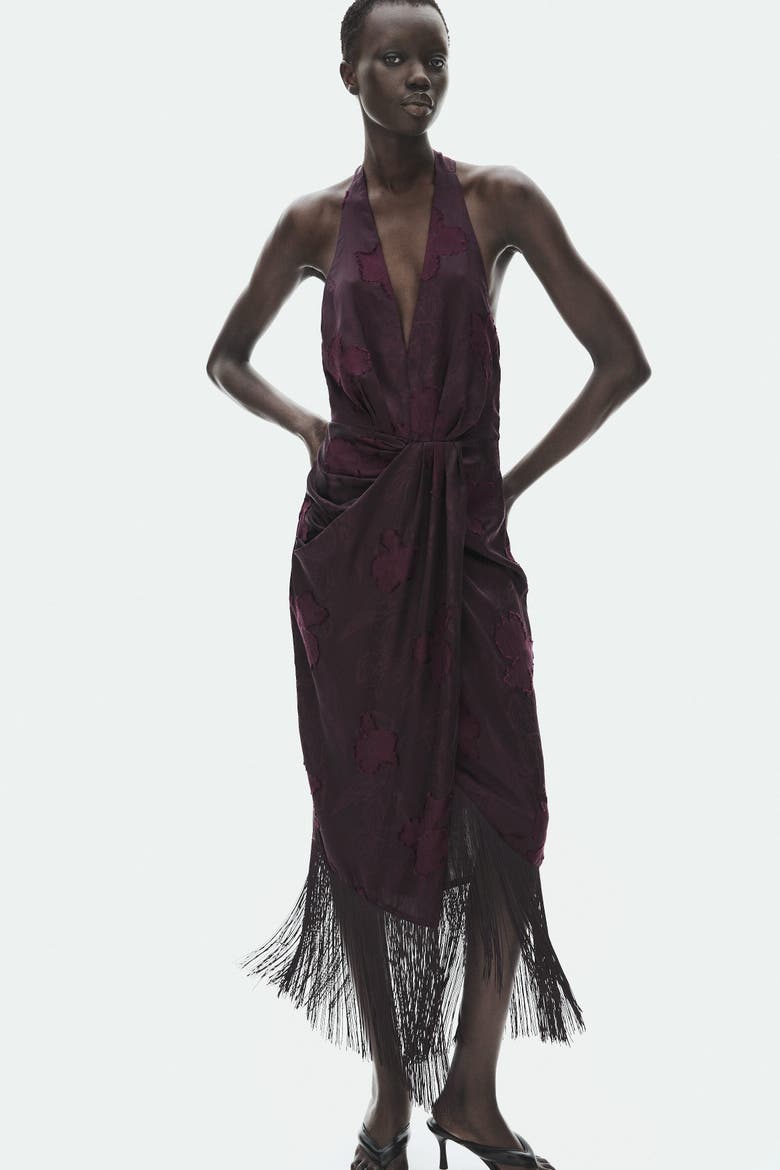Jacquard-weave Dress With Fringe, Alternate, color, Dark plum purple