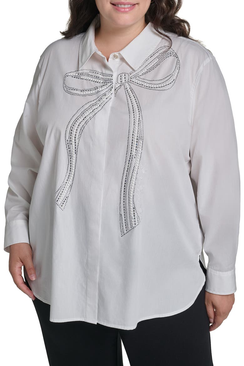 Crystal Bow Cotton Poplin Shirt, Main, color, WHITE