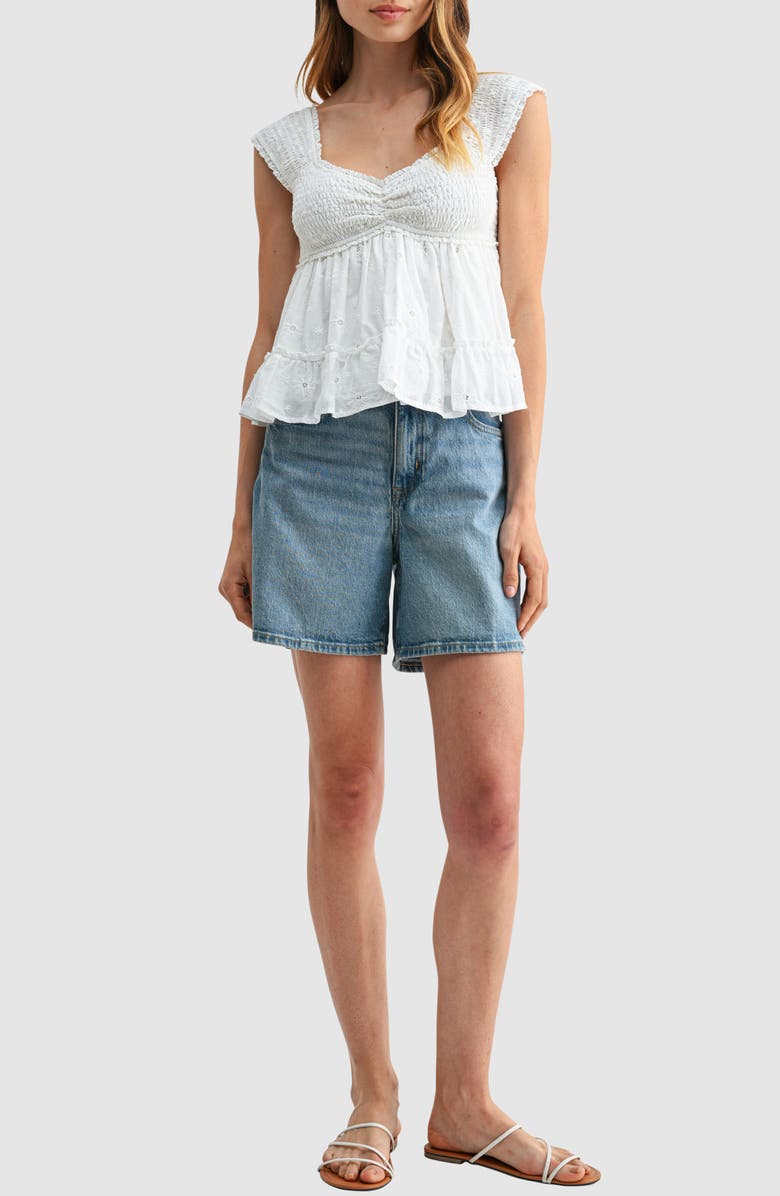 All in Favor Smocked Cap Sleeve Embroidered Cotton Top, Alternate, color, Off White