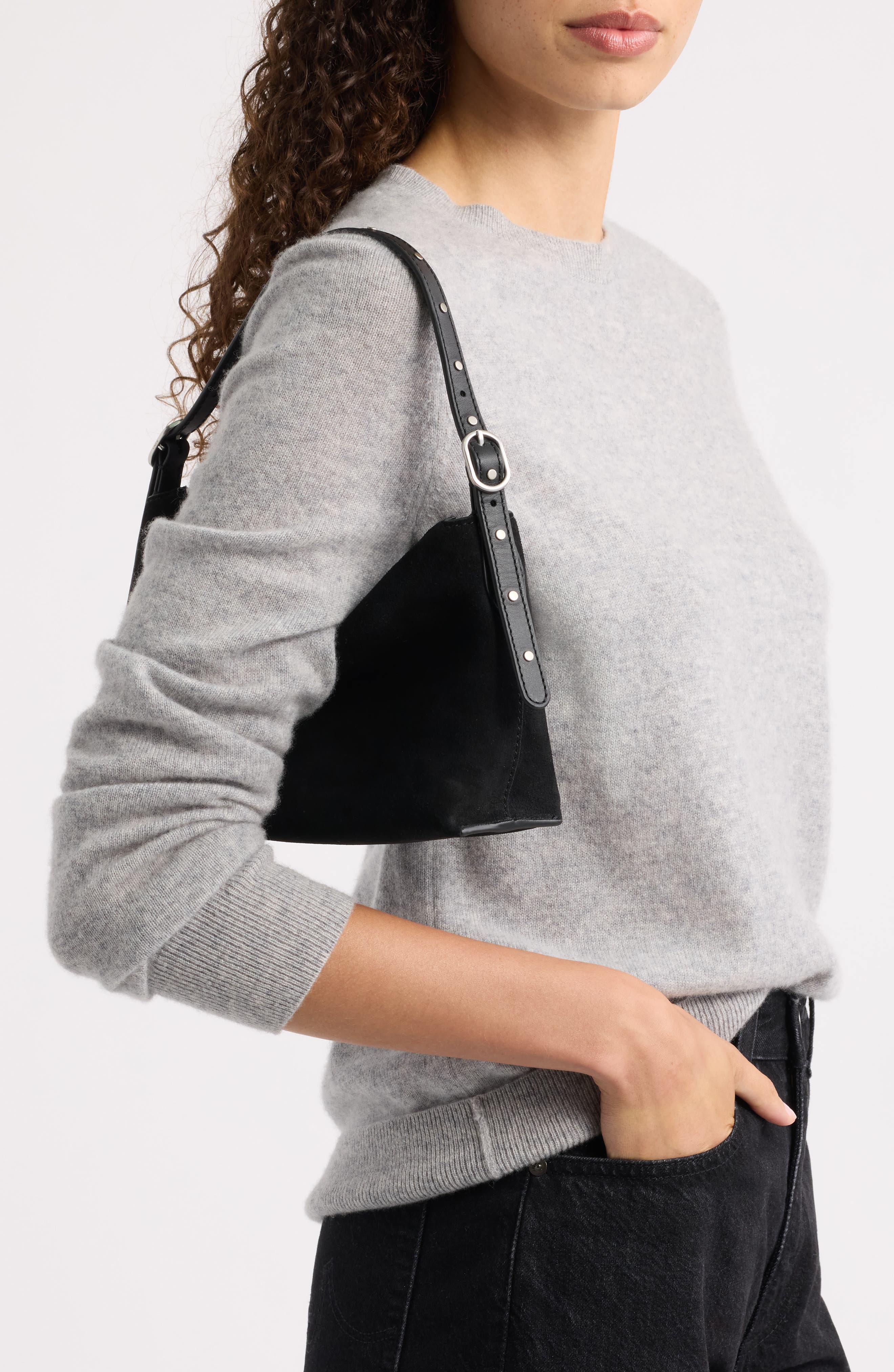 Vivian Stud Suede Shoulder Bag, Alternate, color, BLACK