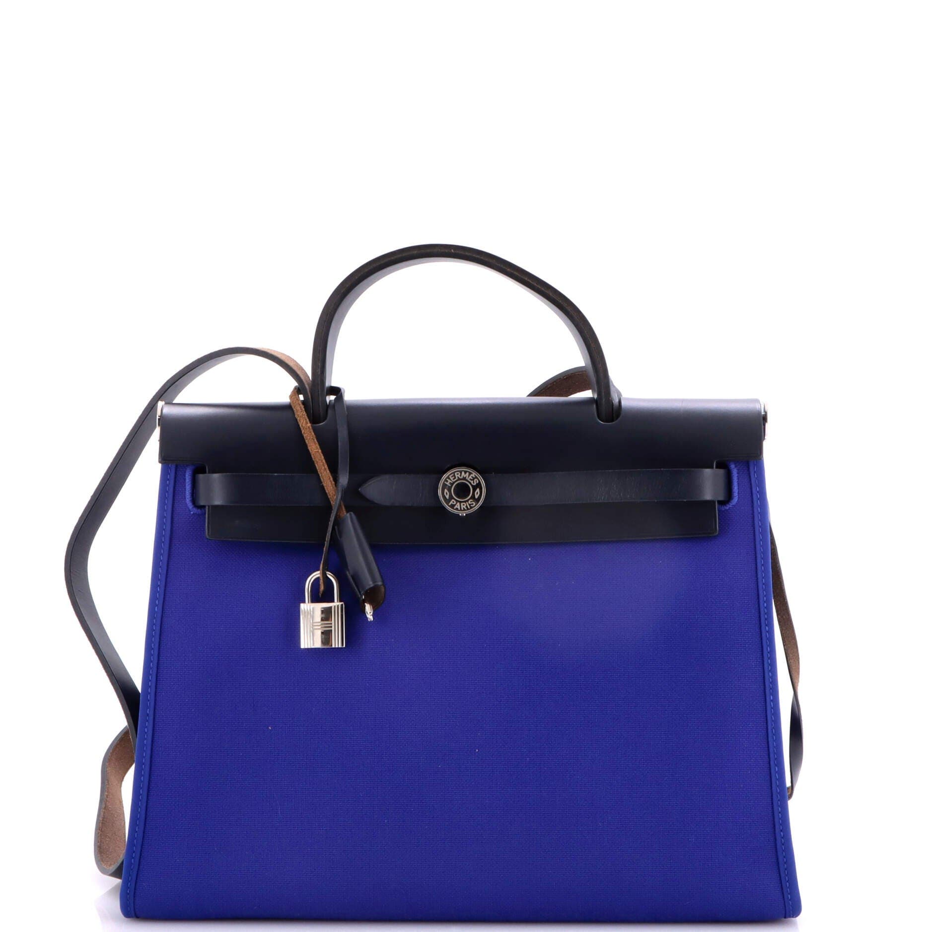 Pre-Owned Hermes Herbag Zip Leather and Toile 31, Main, color, Bleu Royal