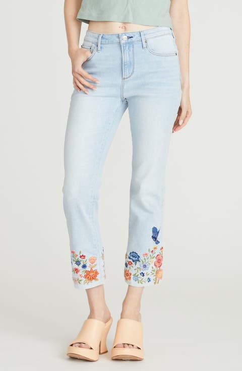 Colette Crop Straight Leg Jeans (Light Wash Blue Birds)