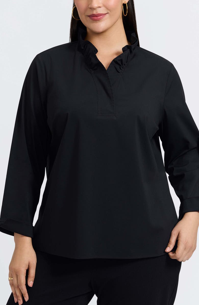 Foxcroft Tammy Ruffle Collar Cotton Blend Top, Main, color, Black