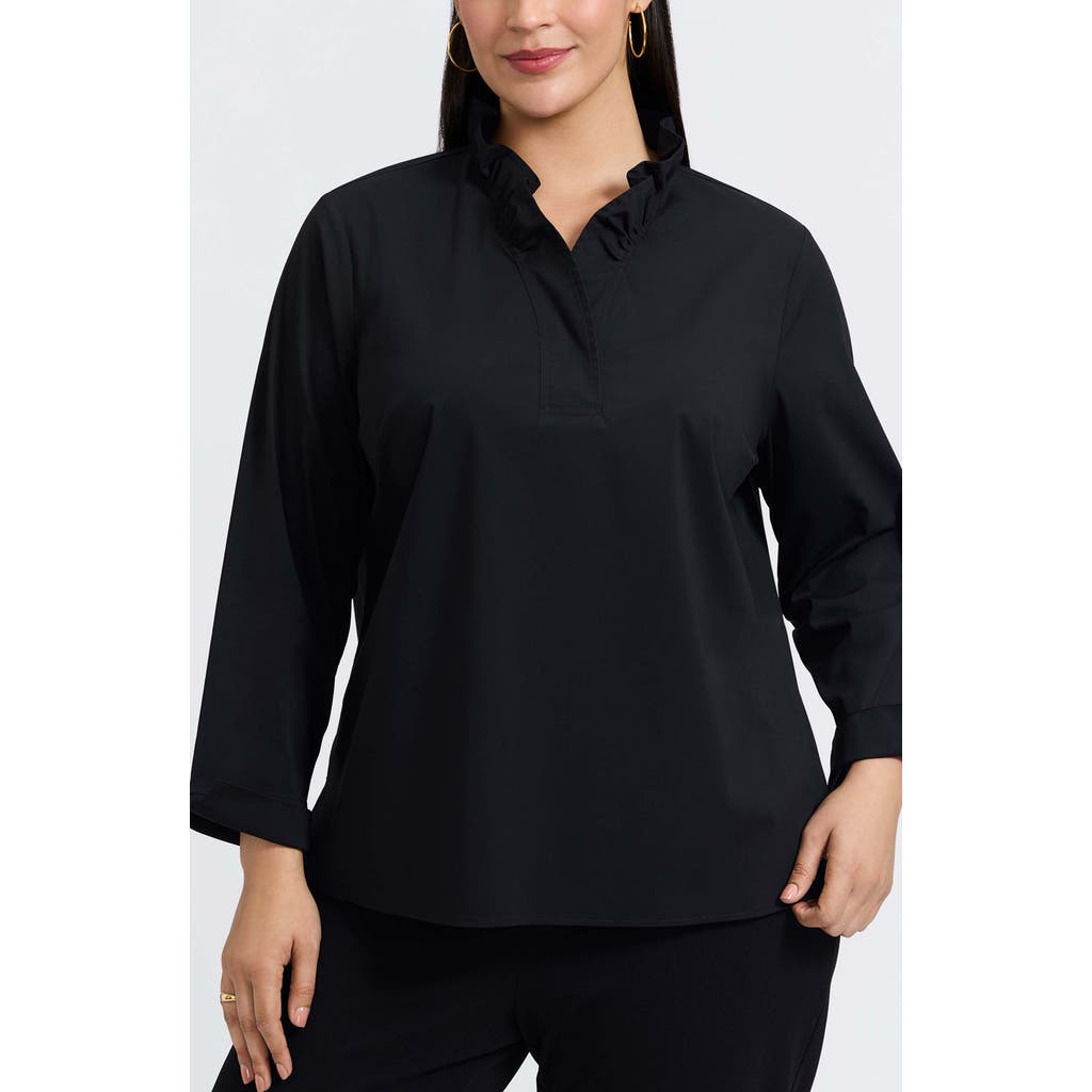 Foxcroft Tammy Ruffle Collar Cotton Blend Top In Black