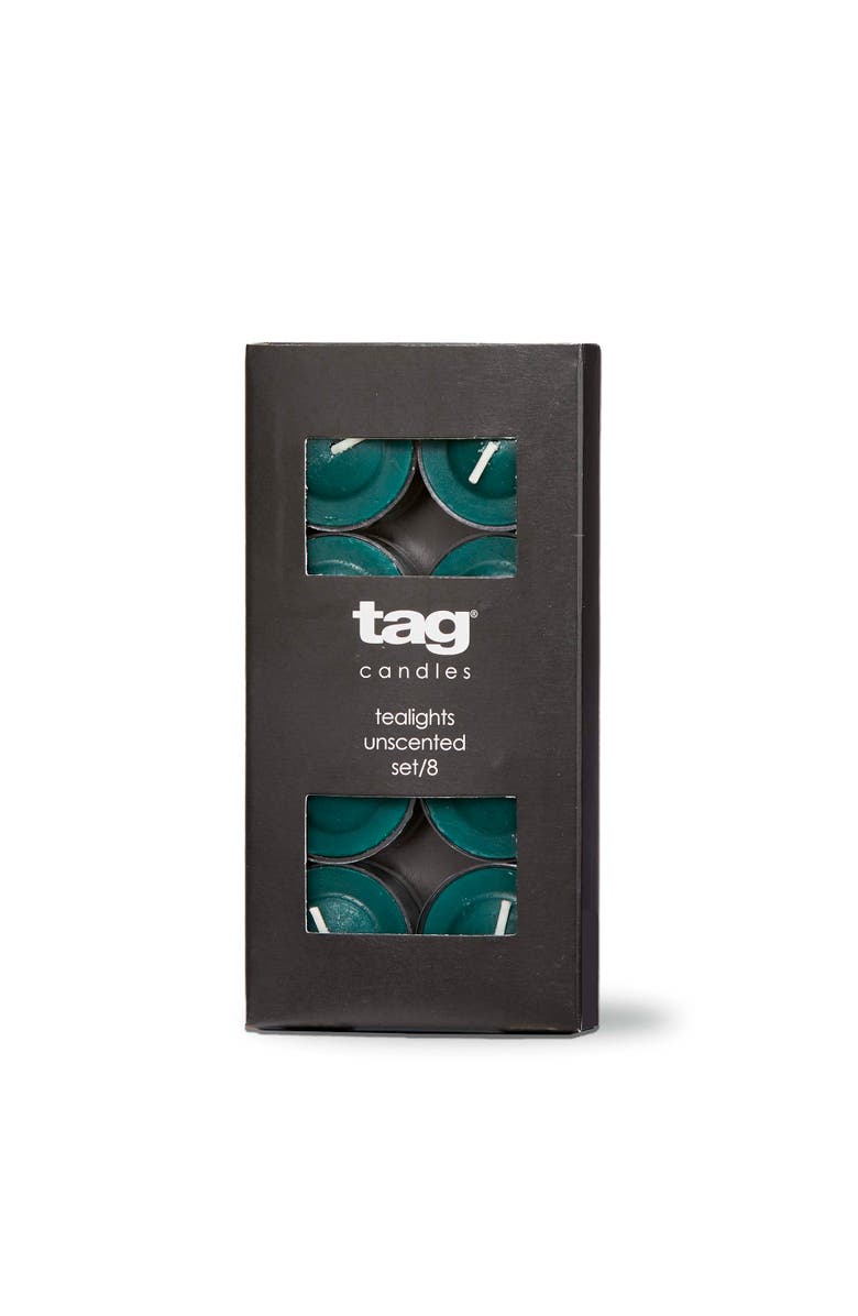tag Color Studio Dark Green Tealight Candles Set of 8 Smokeless, Main, color, Green