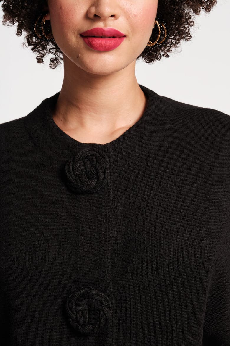Carnegie Shrug Solid w/Floral Button 100% Merino Wool, Alternate, color, Black