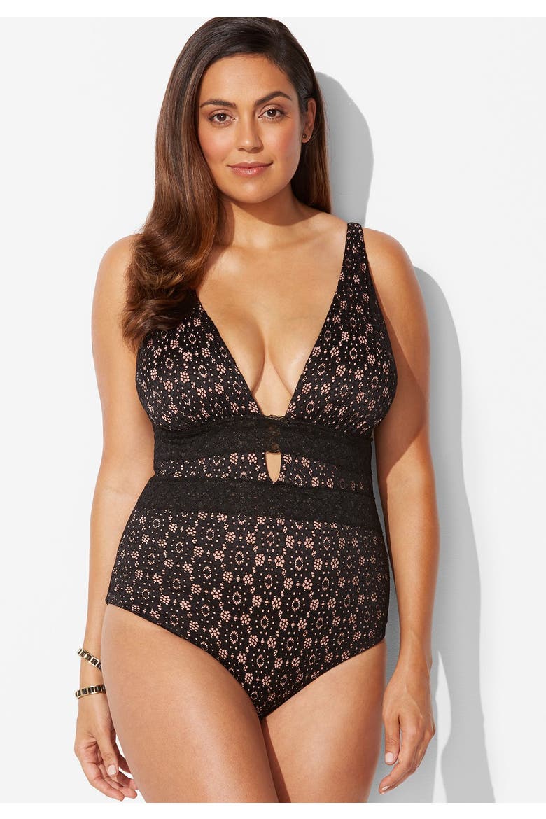 Lace Plunge One Piece Swimsuit, Alternate, color, Black Lace