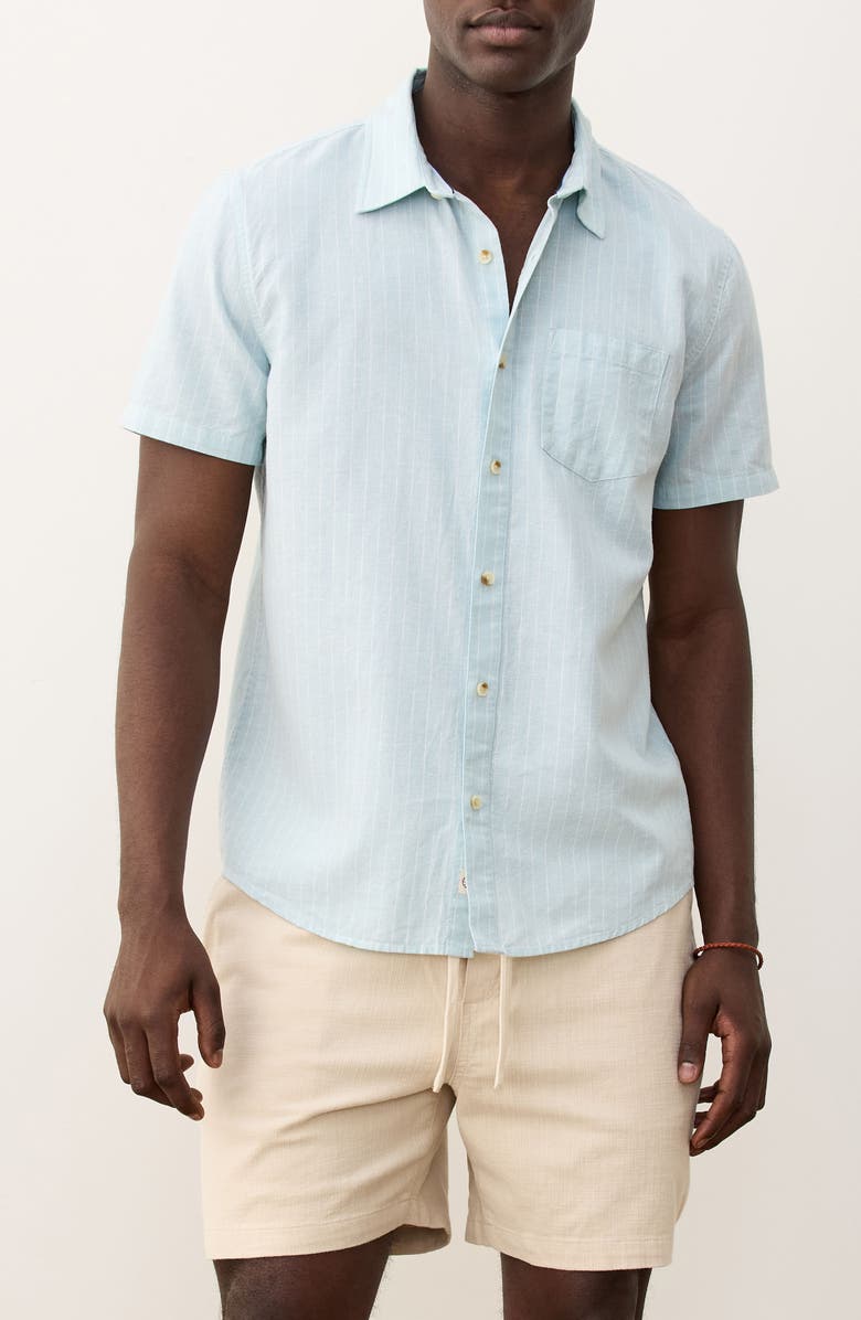 Marine Layer Better-than-Linen Short Sleeve Hemp Blend Button-Up Shirt, Main, color, Blue/ White Stripe