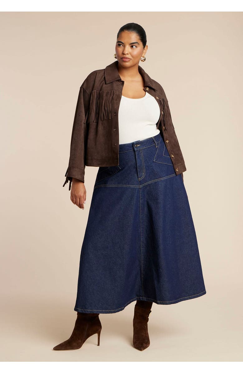 ELOQUII Denim Maxi Skirt With Seam Detail, Main, color, Dark Rinse