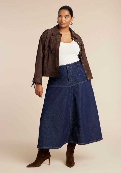 Denim Maxi Skirt With Seam Detail (Plus Available)