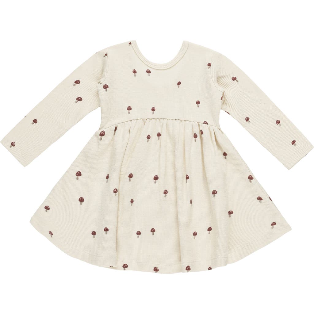 Quincy Mae Ribbed Long Sleeve Mushroom Print Dress In Neutral